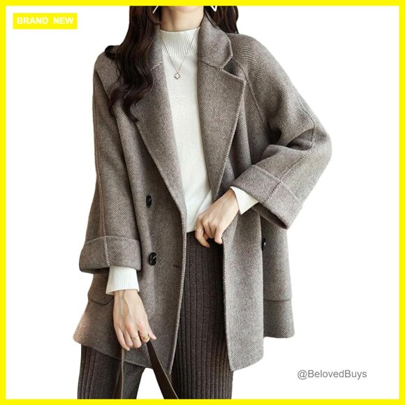 Wool Blend Pea Coat Double Breasted Loose Fit Winter Overcoat Women